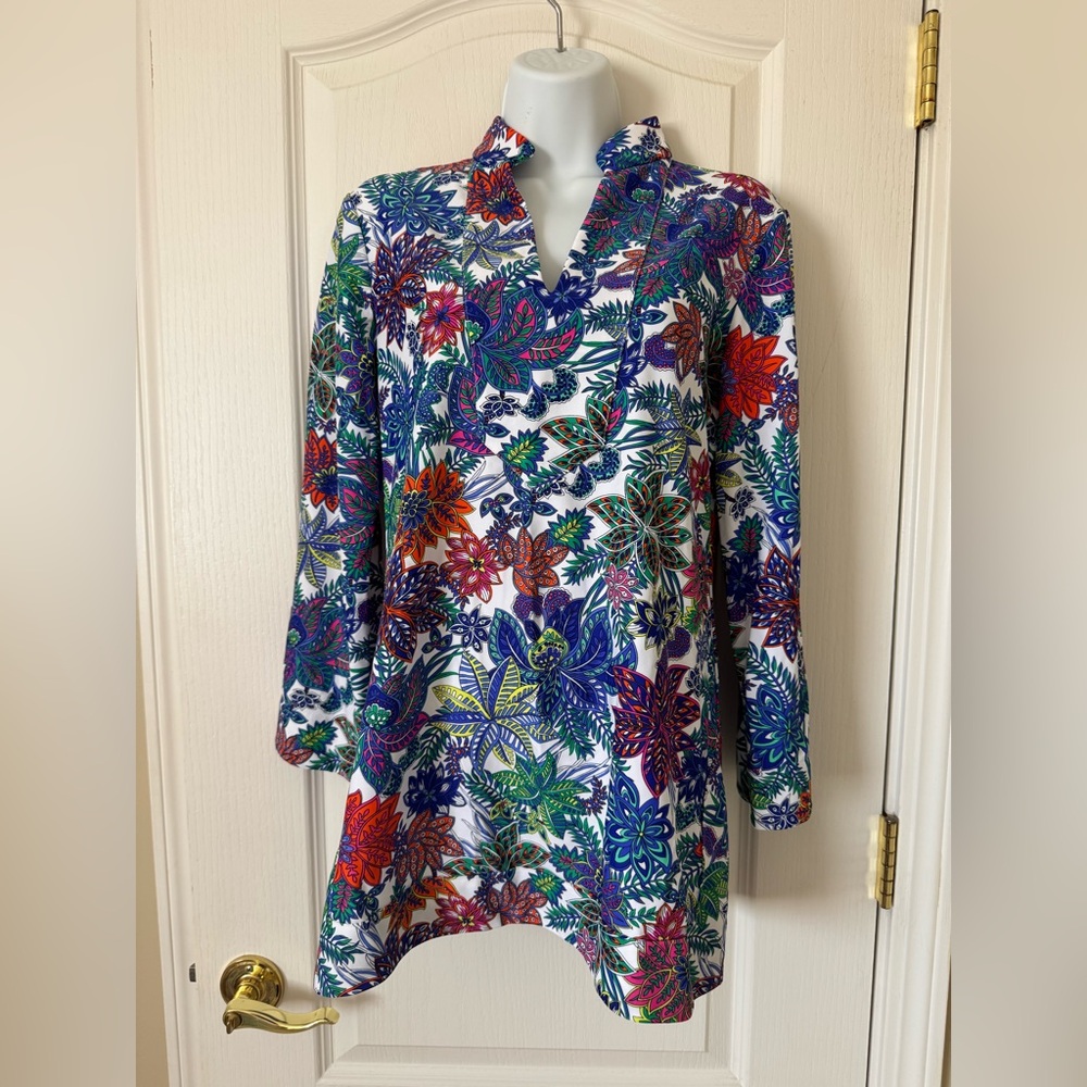 Jude Connally Floral Print Stretch Tunic Top Size Small Made in USA